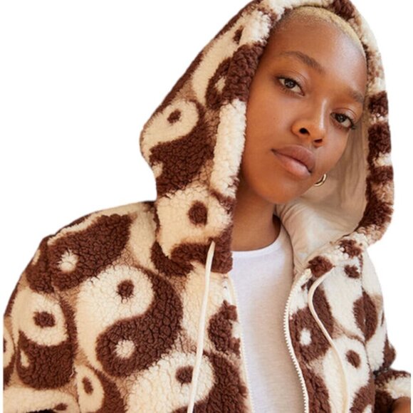 PacSun Royal Sherpa Hoodie | Brown and White | Teddy Fuzzy Jacket Coat, Small - Picture 2 of 16